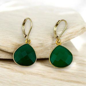Faceted Green Onyx Earrings Vermeil Bezel 14KT Gold Filled Leverbacks NWT
